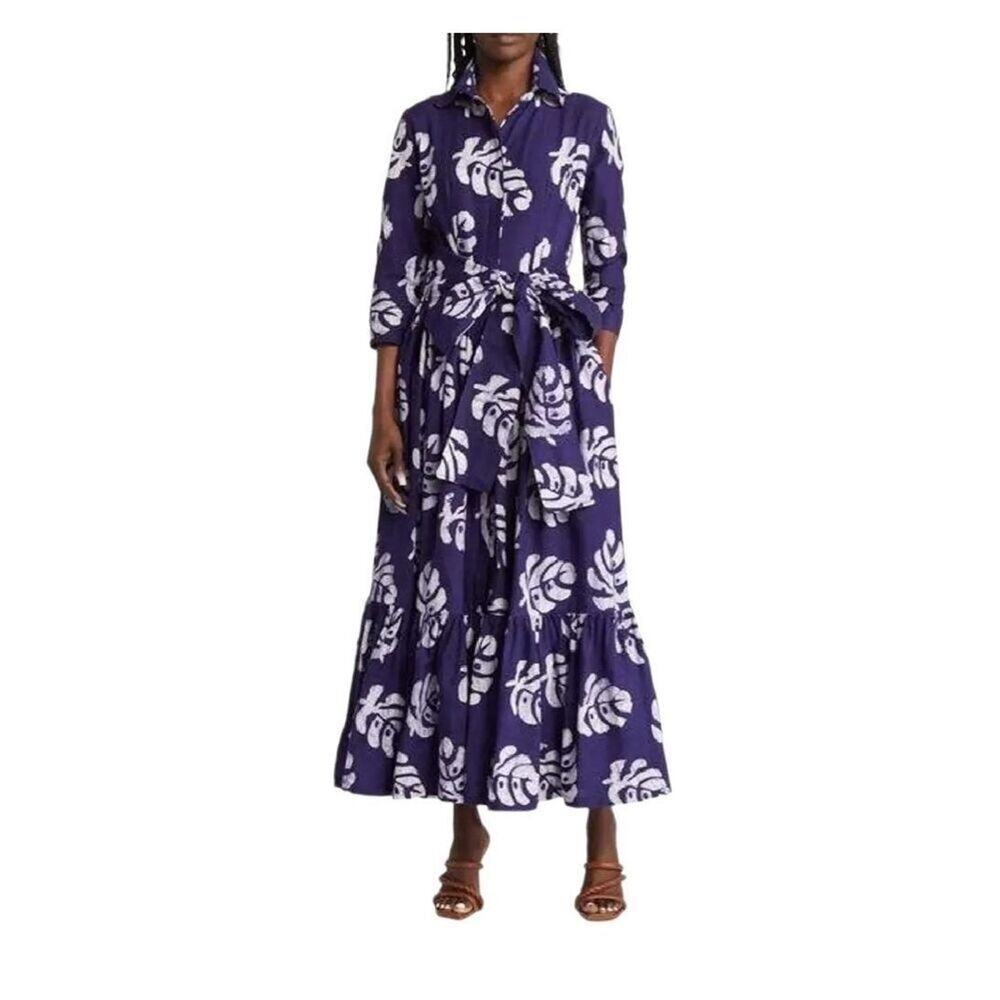 Sika Blue White Banana Leaf Print Half Sleeve Maxi Dress 12 Womens Resort Wear